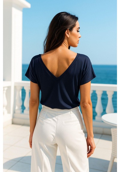 Kadın Koyu Lacivert Viskon Ön Arka V Yakalı T-shirt Yarasa Kol Relaxed Bluz Çok Renkli