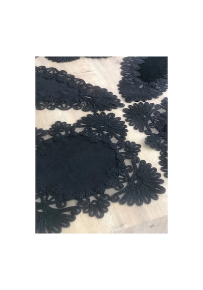 Salon Takımı Çeyizlik Siyah Runner Set 7 Parça Kadife Ranır Masa Konsol Sehpa Örtüsü Palmiye Çok Renkli