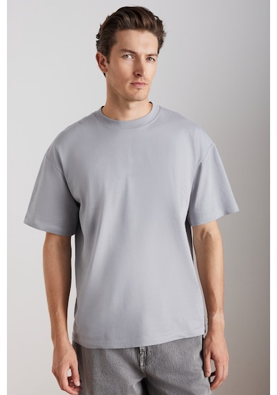 Grımelange Grımelange Jett Erkek Oversize Fit %100 Organik Pamuk Kalın Dokulu Bisiklet Yakalı Gri T-shirt Gri