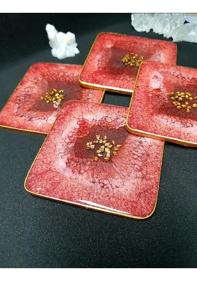 Epoksi Bardak Altlığı Takımı - Pearl Etna Kırmızı