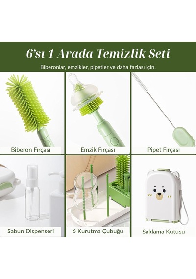 Valkyrie Ayıcık Seyahat Biberon Emzik Pipet Temizleme Seti Silikon Fırça Kurutma Standı Taşıma Kutusu Yeşil