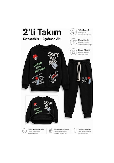 Ahengim Erkek Çocuk Kaykay Baskılı Sweatshirt Eşofman Altı 2 Li Takım 1-4 Yaş Ak115 Siyah