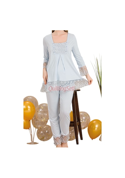 Quilling Bebe Mavi Renkli Dantel Detaylı, 33203, 2 Parça Lohusa Hamile Pijama Takımı Açık Mavi