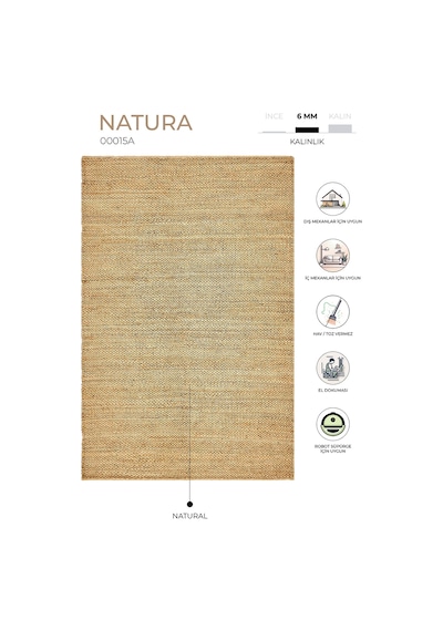 Natura El Dokuma Jüt Bohem Tarz Otantik Salon Oturma Odası Koridor Yatak Odası Natural Halı 00015a