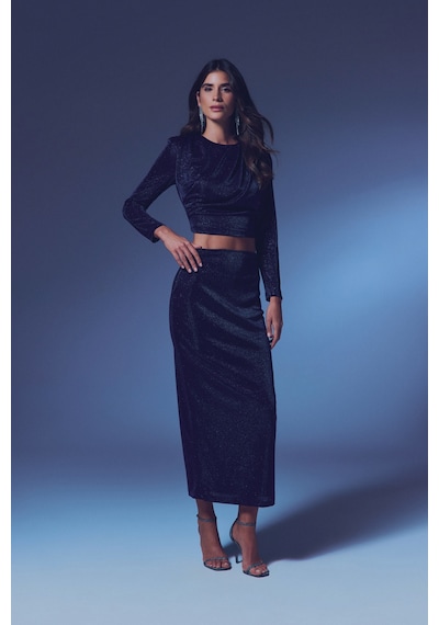 Sateen Vatkalı Simli Bluz - Lacivert-135323 Lacivert