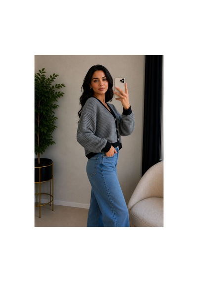 Hira Life Fashion Kadın V Yaka Düğmeli Şeritli Kısa Crop Ceket-hırka Antrasit Antrasit