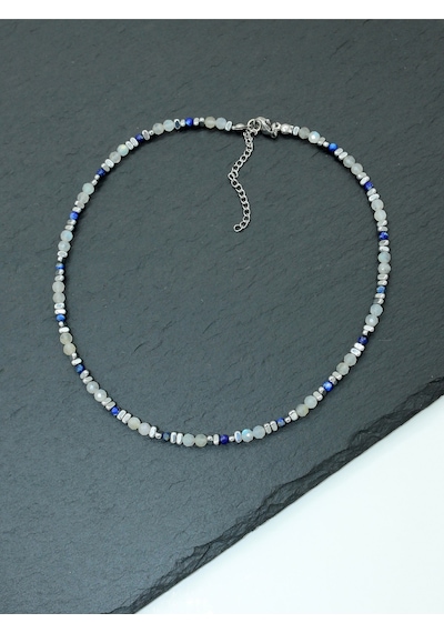 Sertifikalı Labradorit, Lapis Lazuli Ve Hematit Doğal Taşlı Çelik Kadın Kolye Gri