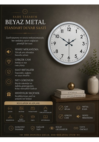 40 Cm Beyaz Metal Standart Duvar Saati Metal Standart Beyaz Kadran 67857430
