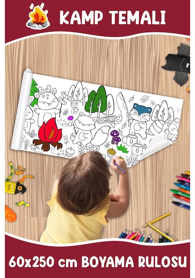Melolisa Kamp Temalı Dev Boyama Rulosu Bebek Ve Çocuk Için Eğitici 60x250 Cm Aktivite Kağıdı