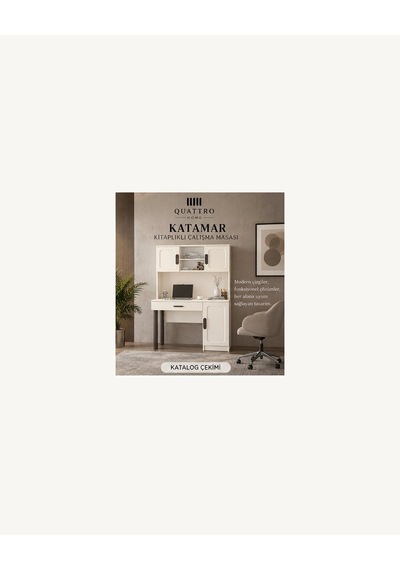 Katamar Kitaplıklı Çalışma Masası Krem