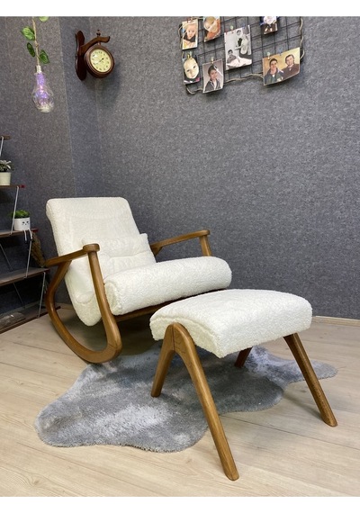 Asedia Ekol Açık Ceviz Teddy Krem Ahşap Sallanan Sandalye Dinlenme Koltuğu