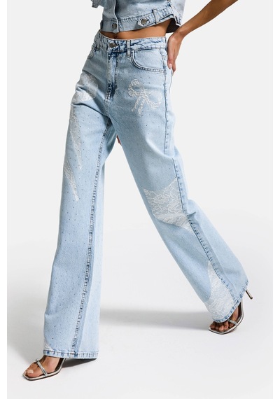 Itsbasic Kadın Ice T-4s6-3 Straight Fit Taş Ve Dantel Detaylı Özel Tasarım Denim Jean Buz Mavi