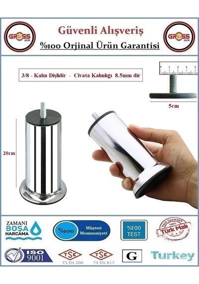 Koltuk, Yatak, Mobilya, Baza Ayağı 20cm - 3/8 Kalın Diş - 2 Adet Krom