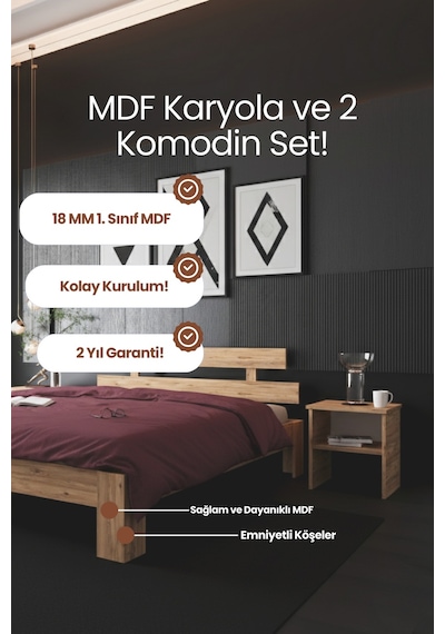 Lotus Çift Kişilik Mdf Karyola Ve 2 Komodinli Set 140x190 Yatak Uyumlu - Atlantik Çam