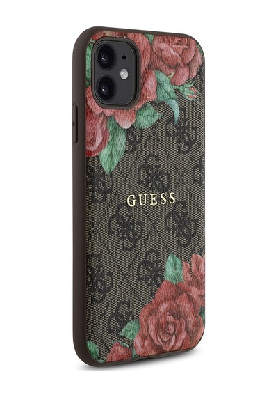 Apple Uyumlu iPhone 11 Kılıf Guess Lisanslı Magsafe Gül Baskılı 4g Desenli Yazı Logolu Kapak Kahverengi
