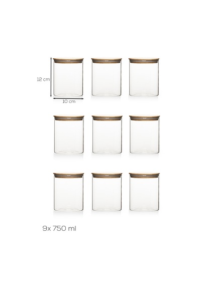 Porsima 1-3 Bambu Vakumlu Kapaklı Yuvarlak Borosilikat Cam 9lu Kavanoz Seti Saklama Kabı 750ml 10x12cm