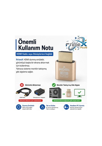 Primex Px-5245 Hdmı Dummy Plug 4k Uhd Sanal Monitör Emülatörü, Hdmı Ekran Kartı Dummy Adaptör, Mining Rig, Bitcoin, Headless Pc Ve Uzaktan Erişim İçin Monitör Taklit Aparatı