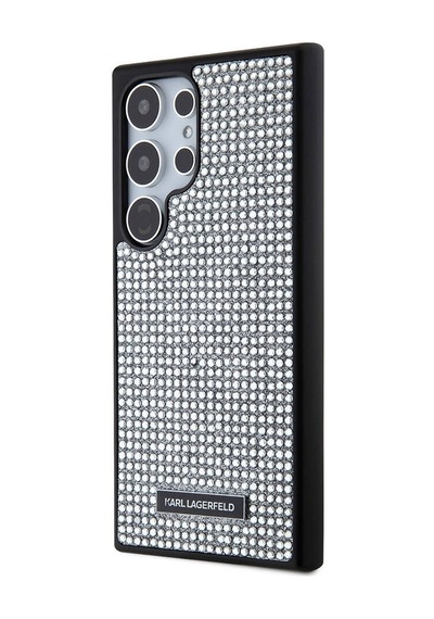 Galaxy S24 Ultra Uyumlu Kılıf Taşlı Metal Logo Lisanslı Kapak Gümüş