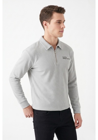 Opınıon Erkek Spor Polo Yaka Petek Dokulu Sweatshırt Bgl-st05442 A.gri