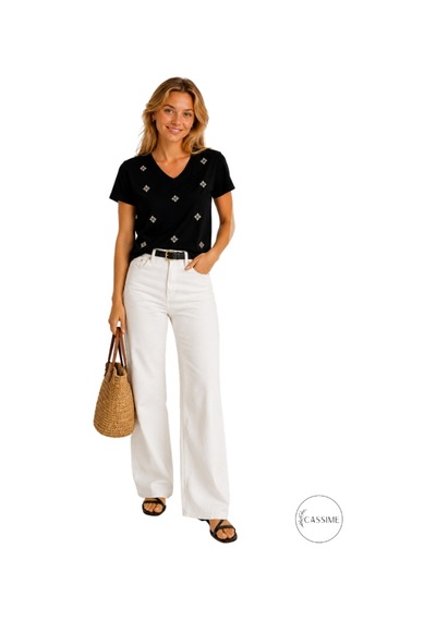 Cassime Kadın Siyah Çiçek Taşlı %100 Pamuk Relaxed Fit Basic Tişört