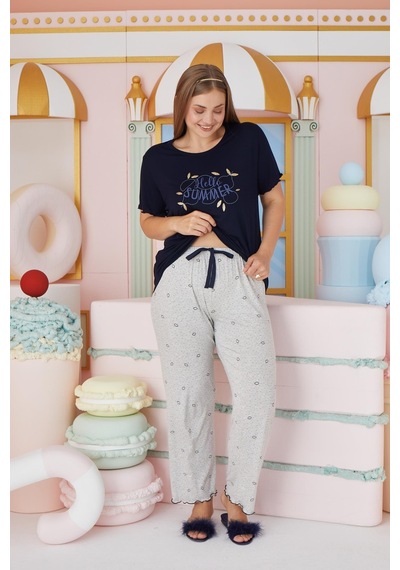 Sevim Kadın Büyük Beden Kısa Kol Lacivert Pijama Takım C1t4n7o51 001