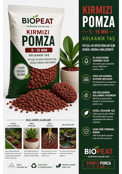 7 Litre Kırmızı Pomza 5-15 Mm Volkanik Taş Saksı, Peyzaj Ve Bitki Kökleri İçin Doğal Drenaj Malzemesi 1000