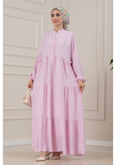 Sevitli Lilyum Kumaş Robalı Katya Elbise-pembe-5821