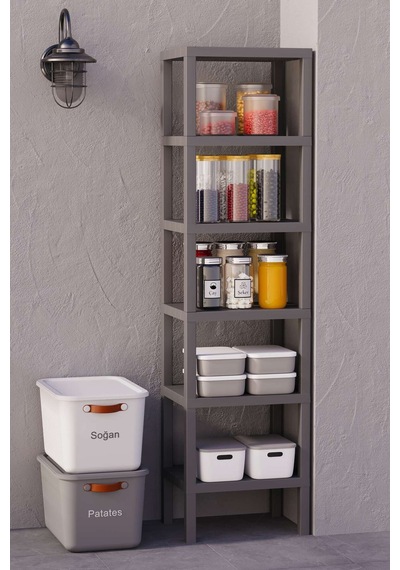 Shelf 6 Katlı Düzenleyici Plastik Raf Ünitesi Gri, Kitaplık, Mutfak, Banyo Rafı Dolabı Gri