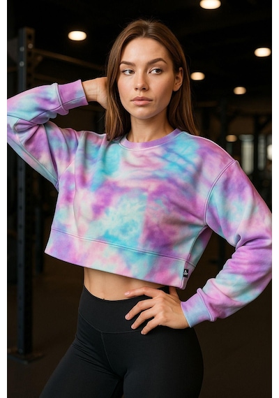 Kadın Batik Desen Renkli Crop Oversize Relaxed Uzun Kollu Sweatshirt Çok Renkli