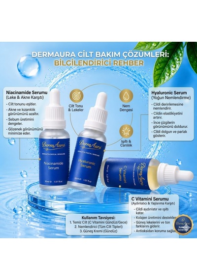 Dermaura 3 Lü Serum Bakım Seti C Vitamini + Hyaluronic + Niacinamide Serum