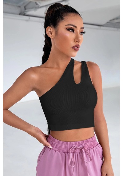 Fantezia Night Kadın Beyaz Tek Omuz Cut Out Detaylı Crop Top Bluz SIYAH