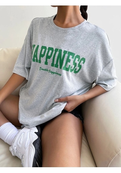 Gri Oversize Happıness Baskılı T-shirt - Oversize Unisex Gri