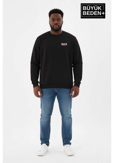 Süperlife Erkek Büyük Beden Brooklyn 1970 Baskılı Bisilet Yaka İnce Sweatshirt Spr26bsw956-3 Siyah