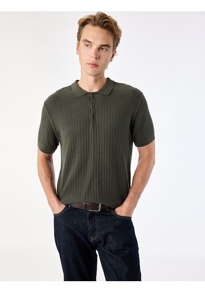 Koton Regular Fit Kısa Kollu Pamuklu Dokulu Düğmeli Polo Yaka Triko Tişört Haki 7wam70044ht