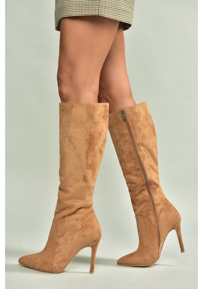 Fox Shoes N372530102 Taba Süet İnce Topuklu Kadın Çizme Taba-Süet