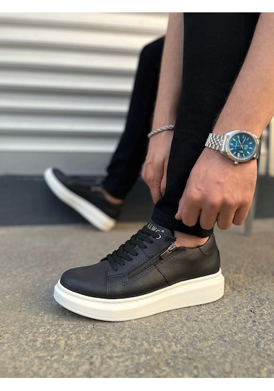 Jy155 Warrior Bağcıklı Ve Fermuarlı Cilt Erkek Günlük Sneaker Ayakkabı Cbt - Siyah Siyah
