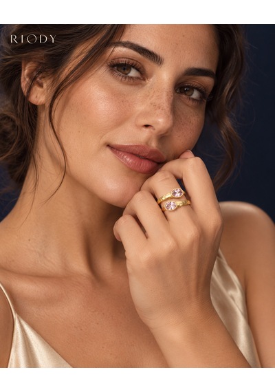 Riody Regard Rosé Gold Kaplama Pembe Kedi Gözü Taşlı Ayarlanabilir Açık Kadın Yüzük Altın Sarısı