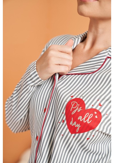 Pjs Kadın Önden Düğmeli Gömlek Yaka Çizgili Uzun Kollu Pijama Takım gri