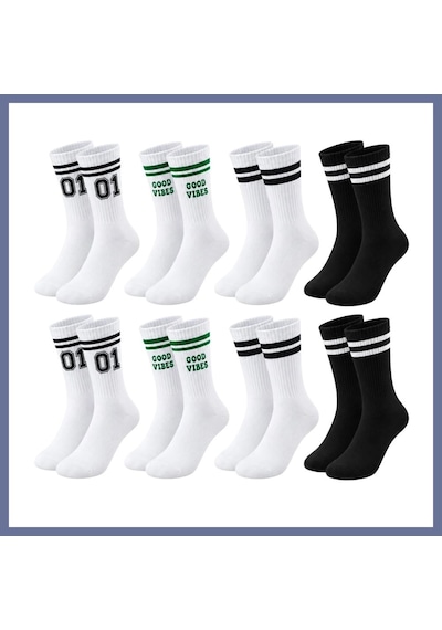 Bezos Unisex Çorap Çizgili 8'li Set 07 Good Vibes Yazılı Siyah Beyaz Uzun Soket Spor Kolej Stil Çorap Dlra Çok  Renkli