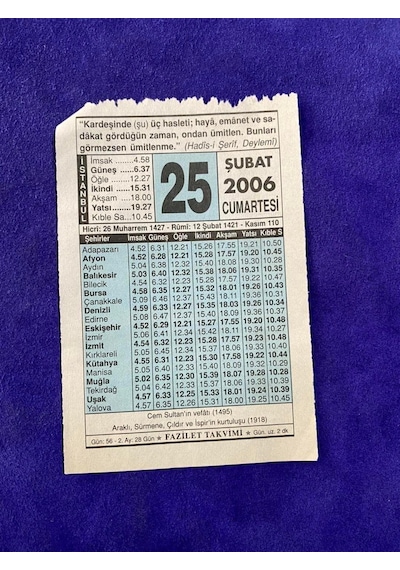 25 Şubat 2006 Takvim Yaprağı - Nostalji Koleksiyonluk Takvim Yaprağı