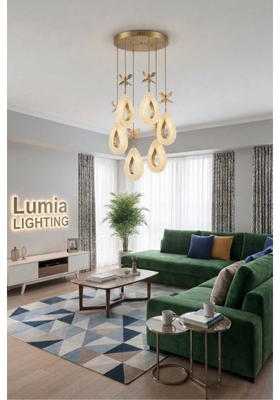LumiaLighting Damla Model 6'lı Gold Kumandalı 3 Renk Modu Ledli Kristal Taşlı Modern Salon Mutfak Oturma Odası Led Avize
