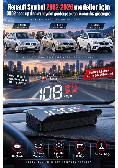 Renault Symbol 2002-2026 Modeller İçin Obd2 Head Up Display Hayalet Gösterge Ekranı Ön Cam Hız Göstergesi