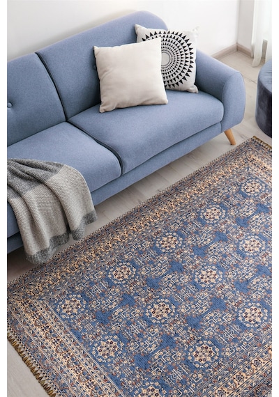 Mavi Renkli Afgan Tarzı Altı Kaymaz Yıkanabilir Şönil Kilim-598