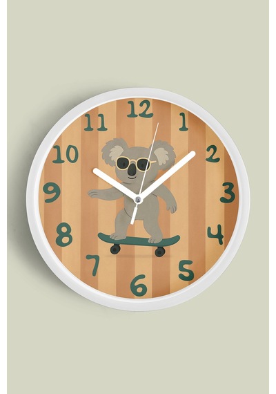 Güneş Gözlüklü Kaykay Yapan Sevimli Koala Çocuk Odası Modern Duvar Saati - 25cm - Önü Camlı-jh0217 Beyaz