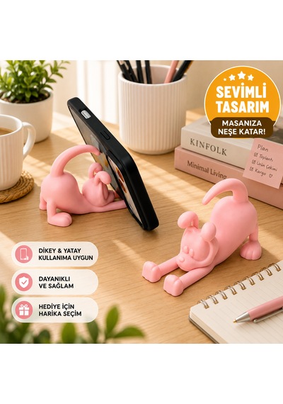 Sevimli Köpek Tasarımlı Telefon Tutucu Masaüstü Telefon Standı Dekoratif Akıllı Telefon Standı Açık Pembe