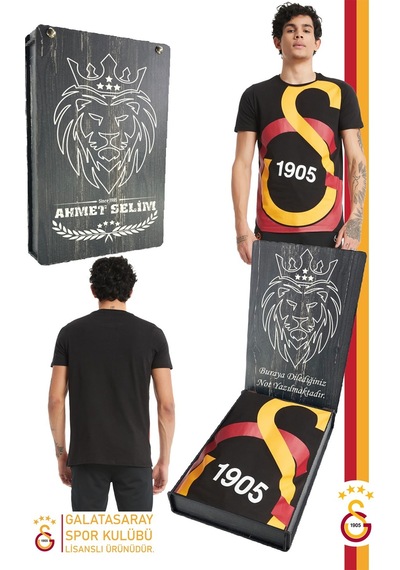 Galatasaray Lisanslı Büyük Logolu T-shirt Kişiye Özel Ahşap Kutulu 099 Siyah