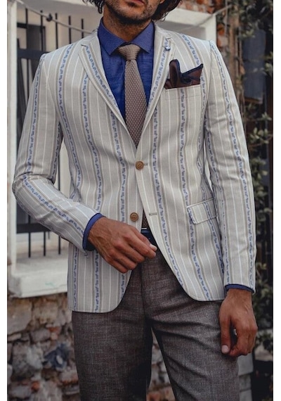 Wessi Çizgili Bej Slim Fit Ceket Siyah