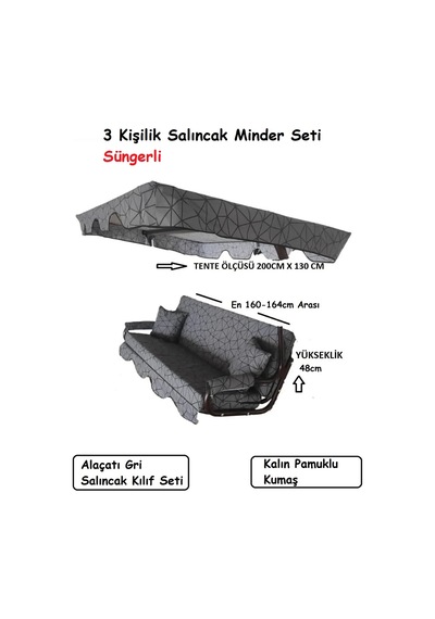 Süngerli 3 Kişilik Salıncak Minder Seti -alaçatı Gri