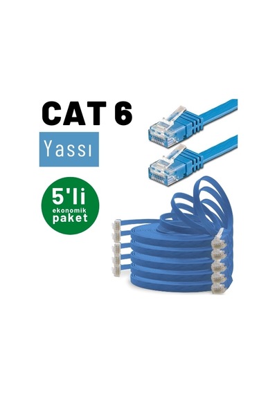 5 adet IRENIS CAT6 Kablo Yassı Ethernet Ağ Kablosu, 50 cm Mavi