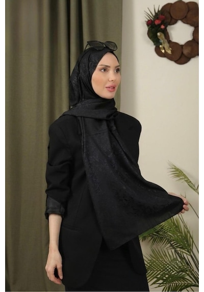 Flora Tekstil Çiçekli Desen İnce Medine İpeği Jakar Şal Siyah